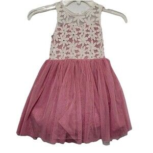 Beautees Girls Pink Tulle Party Dress Size 4 Sleeveless Floral Lace Overlay